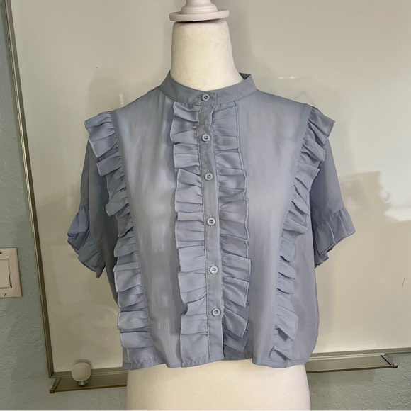 Light Blue Ruffled Button-Up Blouse - Picture 1 of 10